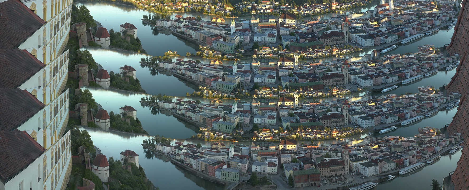 Archiv Foto Webcam Passau: Blick von der Veste Oberhaus auf Donau und Altstadt