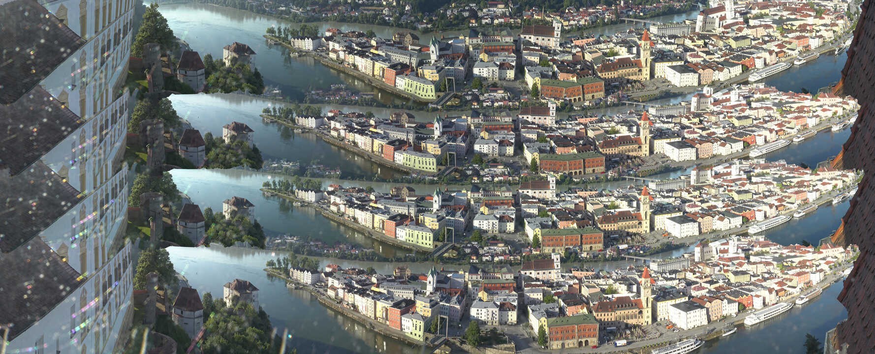 Archiv Foto Webcam Passau: Blick von der Veste Oberhaus auf Donau und Altstadt