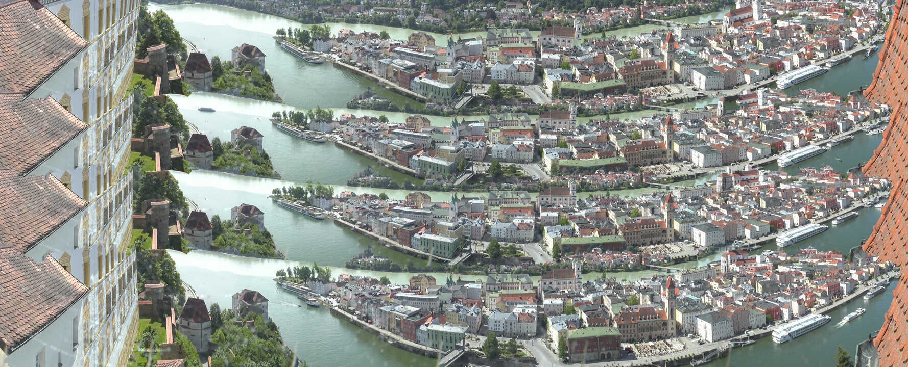 Archiv Foto Webcam Passau: Blick von der Veste Oberhaus auf Donau und Altstadt
