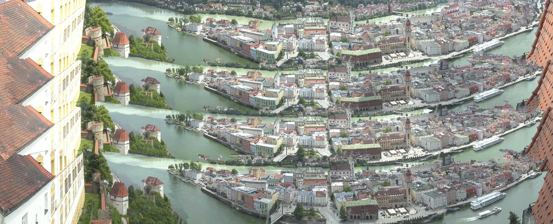 Archiv Foto Webcam Passau: Blick von der Veste Oberhaus auf Donau und Altstadt