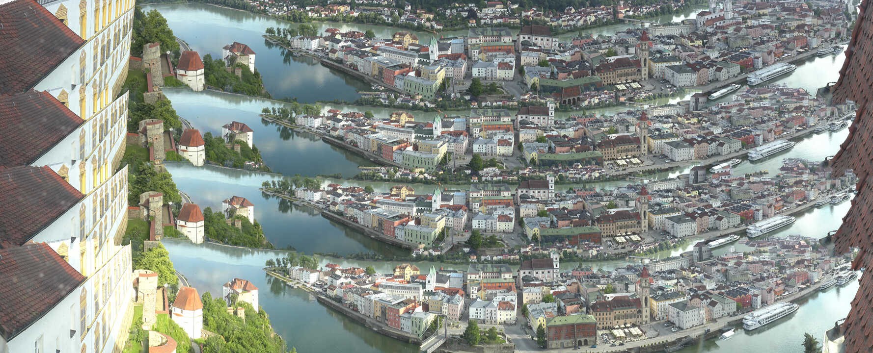 Archiv Foto Webcam Passau: Blick von der Veste Oberhaus auf Donau und Altstadt