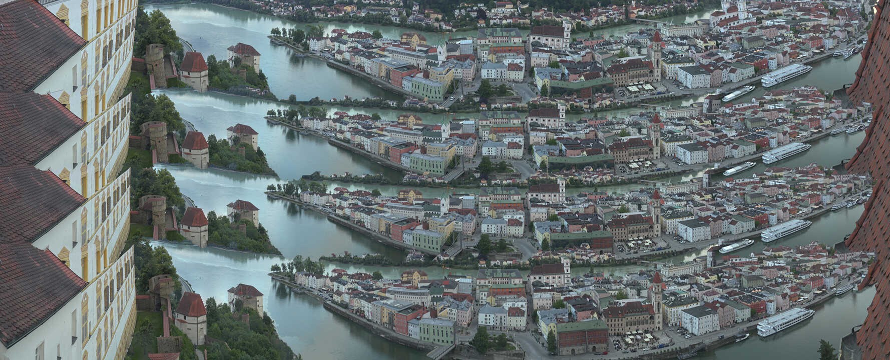 Archiv Foto Webcam Passau: Blick von der Veste Oberhaus auf Donau und Altstadt