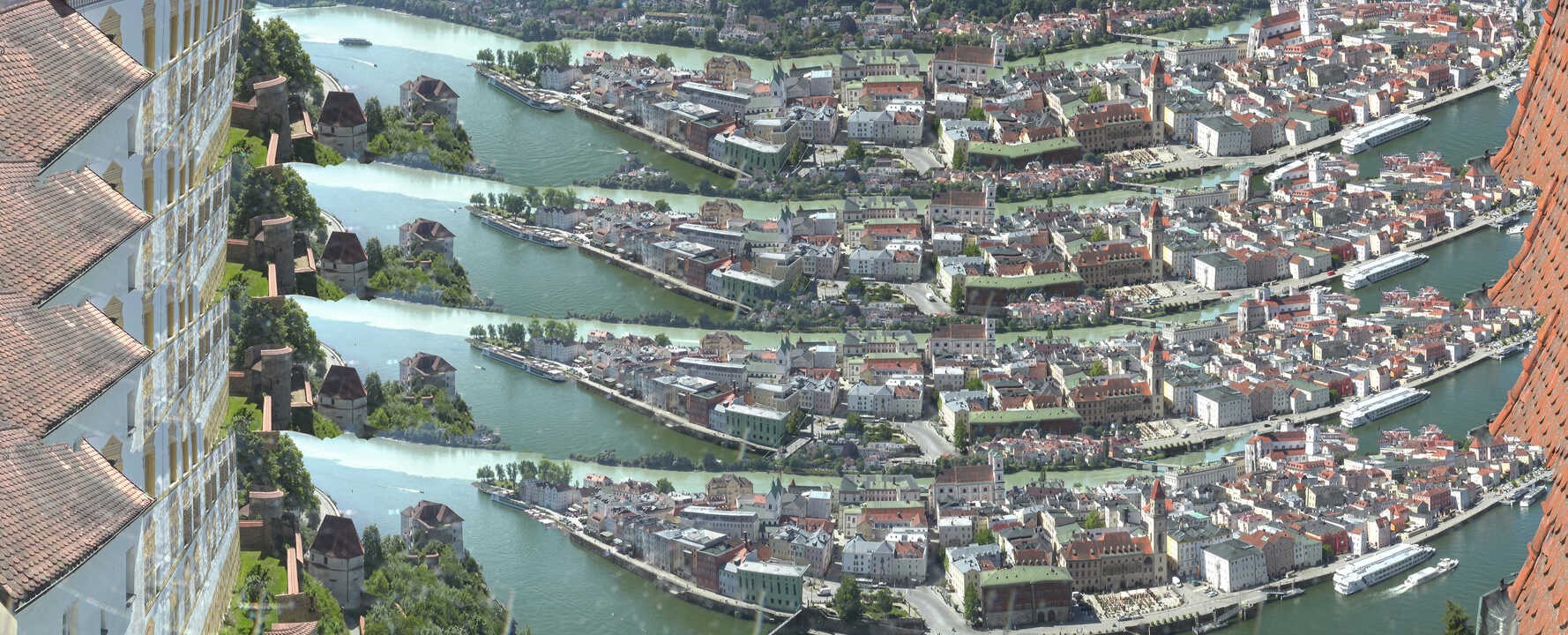 Archiv Foto Webcam Passau: Blick von der Veste Oberhaus auf Donau und Altstadt