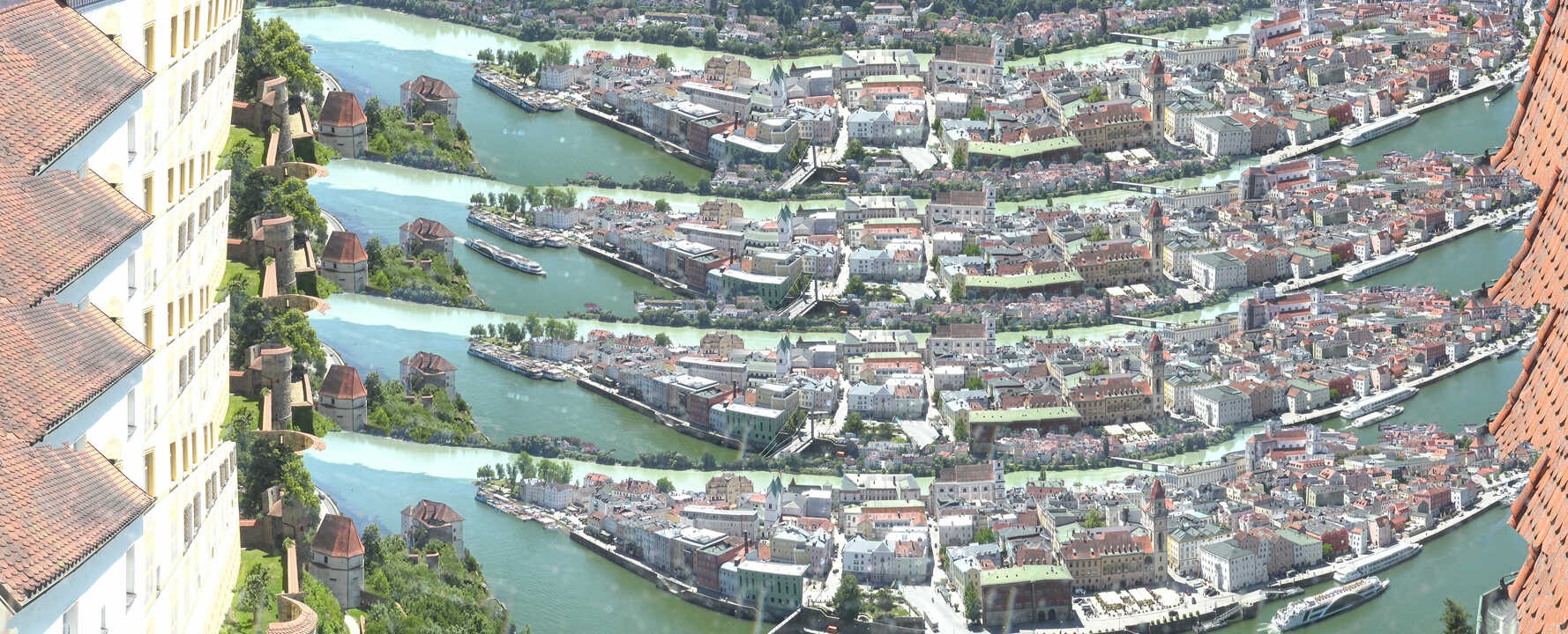 Archiv Foto Webcam Passau: Blick von der Veste Oberhaus auf Donau und Altstadt