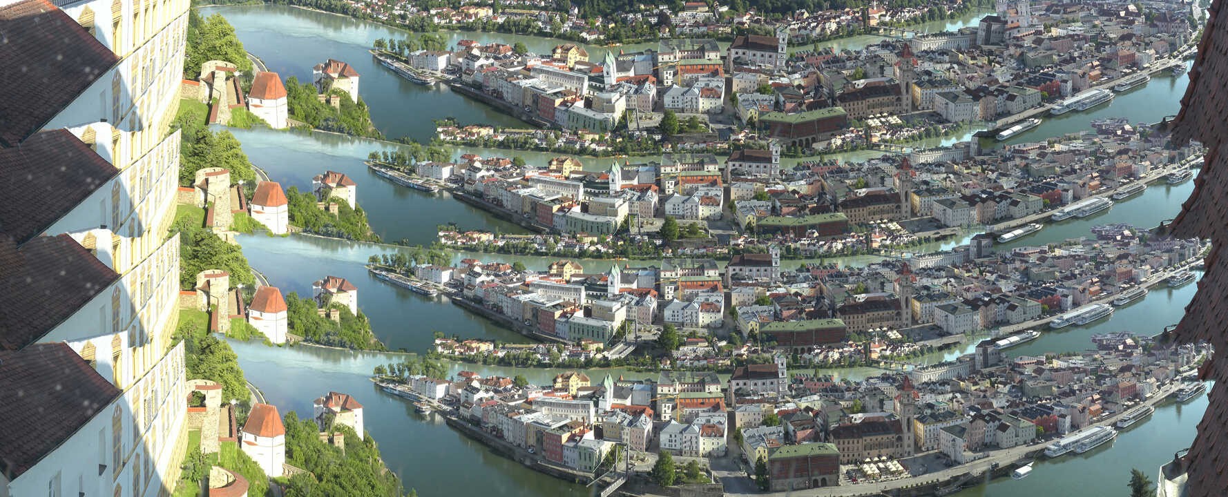 Archiv Foto Webcam Passau: Blick von der Veste Oberhaus auf Donau und Altstadt