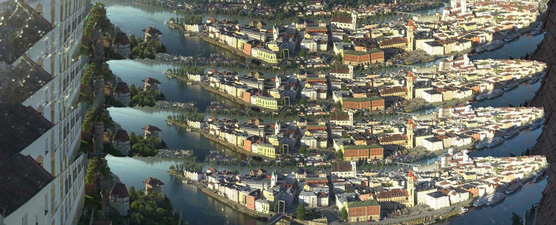 Archiv Foto Webcam Passau: Blick von der Veste Oberhaus auf Donau und Altstadt