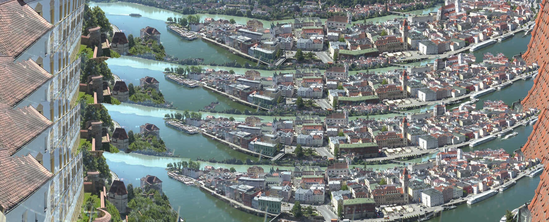 Archiv Foto Webcam Passau: Blick von der Veste Oberhaus auf Donau und Altstadt