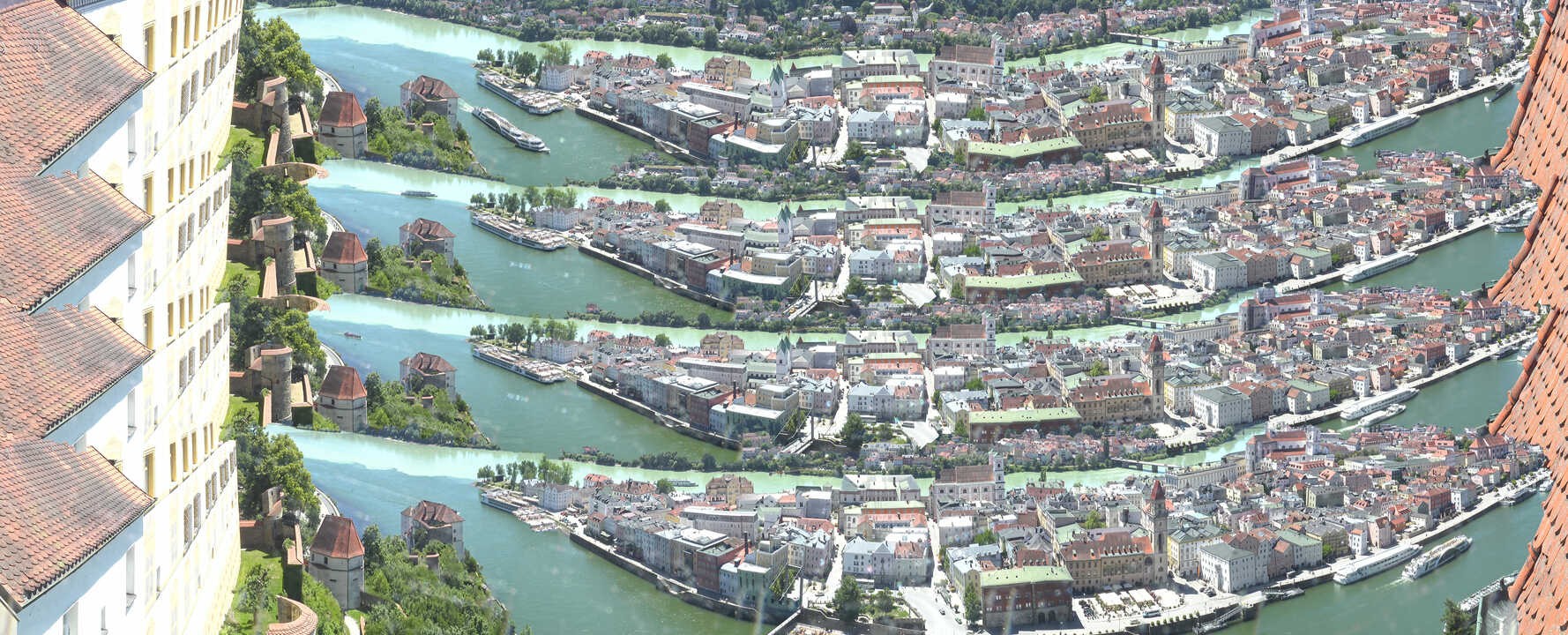 Archiv Foto Webcam Passau: Blick von der Veste Oberhaus auf Donau und Altstadt