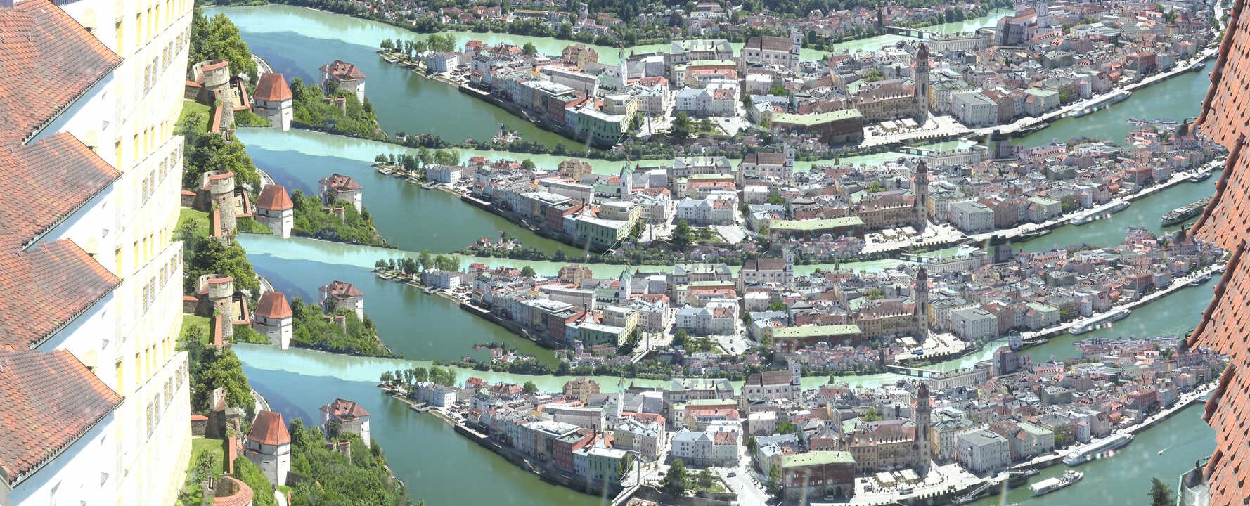 Archiv Foto Webcam Passau: Blick von der Veste Oberhaus auf Donau und Altstadt
