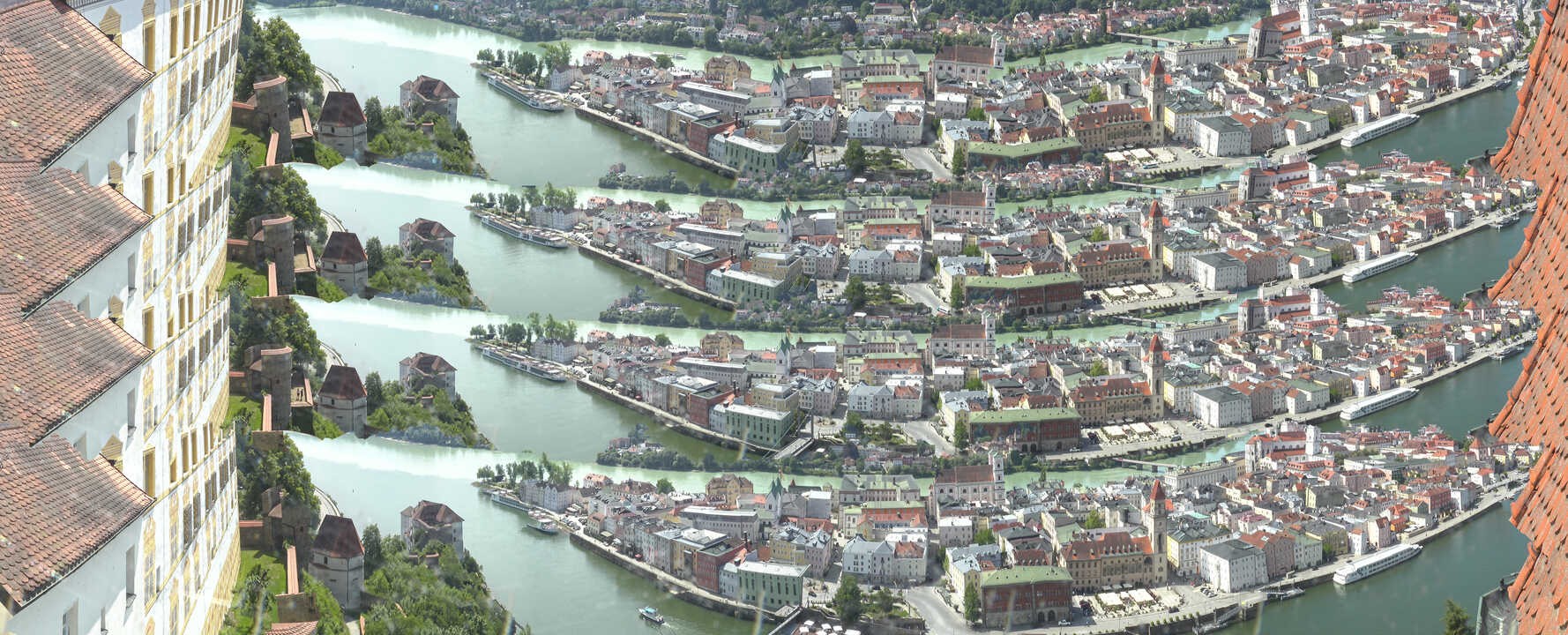 Archiv Foto Webcam Passau: Blick von der Veste Oberhaus auf Donau und Altstadt