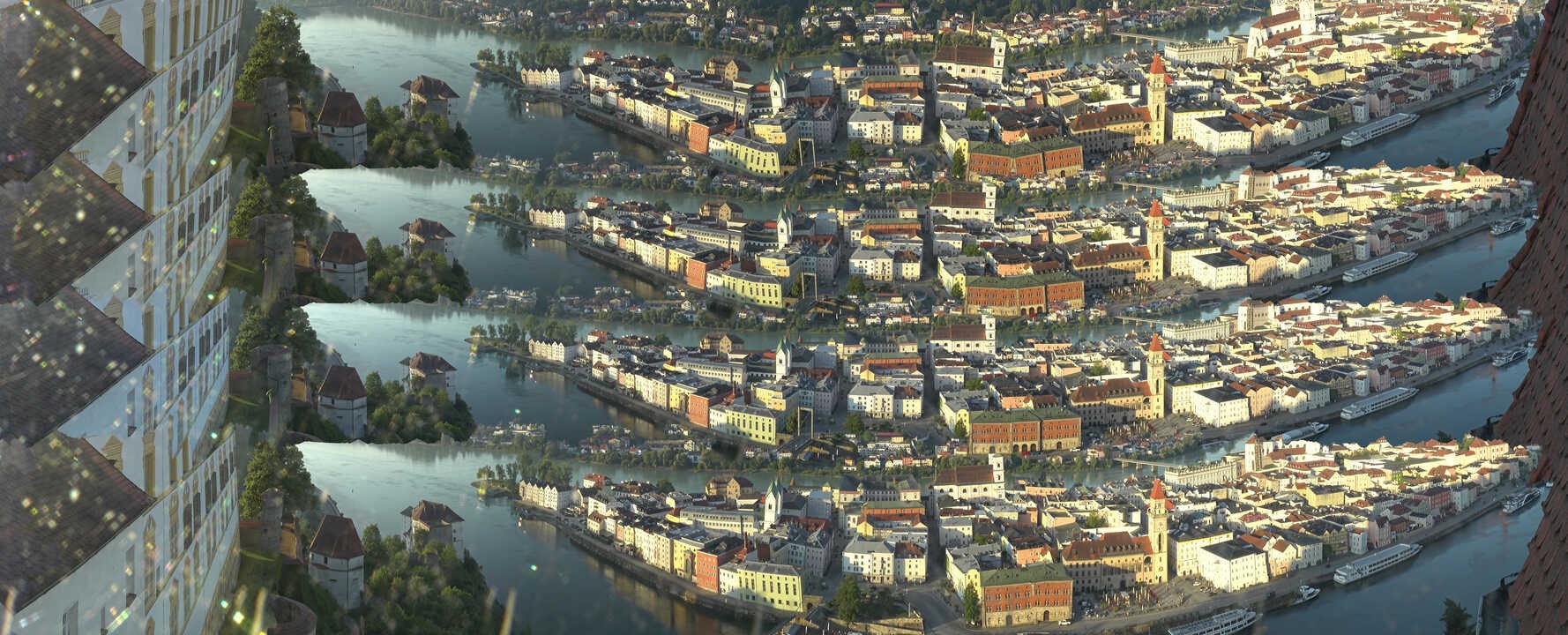 Archiv Foto Webcam Passau: Blick von der Veste Oberhaus auf Donau und Altstadt