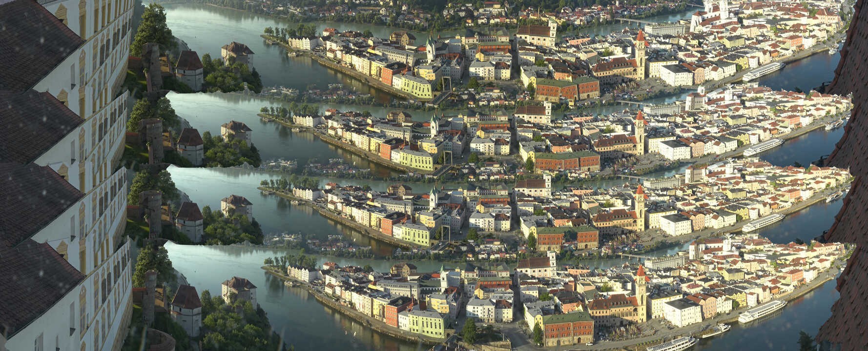 Archiv Foto Webcam Passau: Blick von der Veste Oberhaus auf Donau und Altstadt