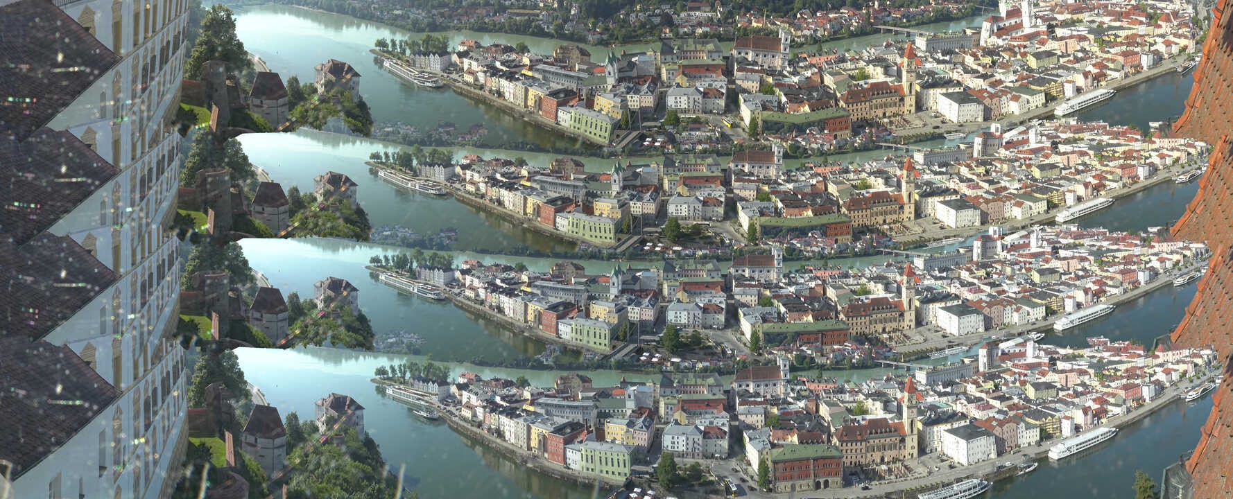 Archiv Foto Webcam Passau: Blick von der Veste Oberhaus auf Donau und Altstadt