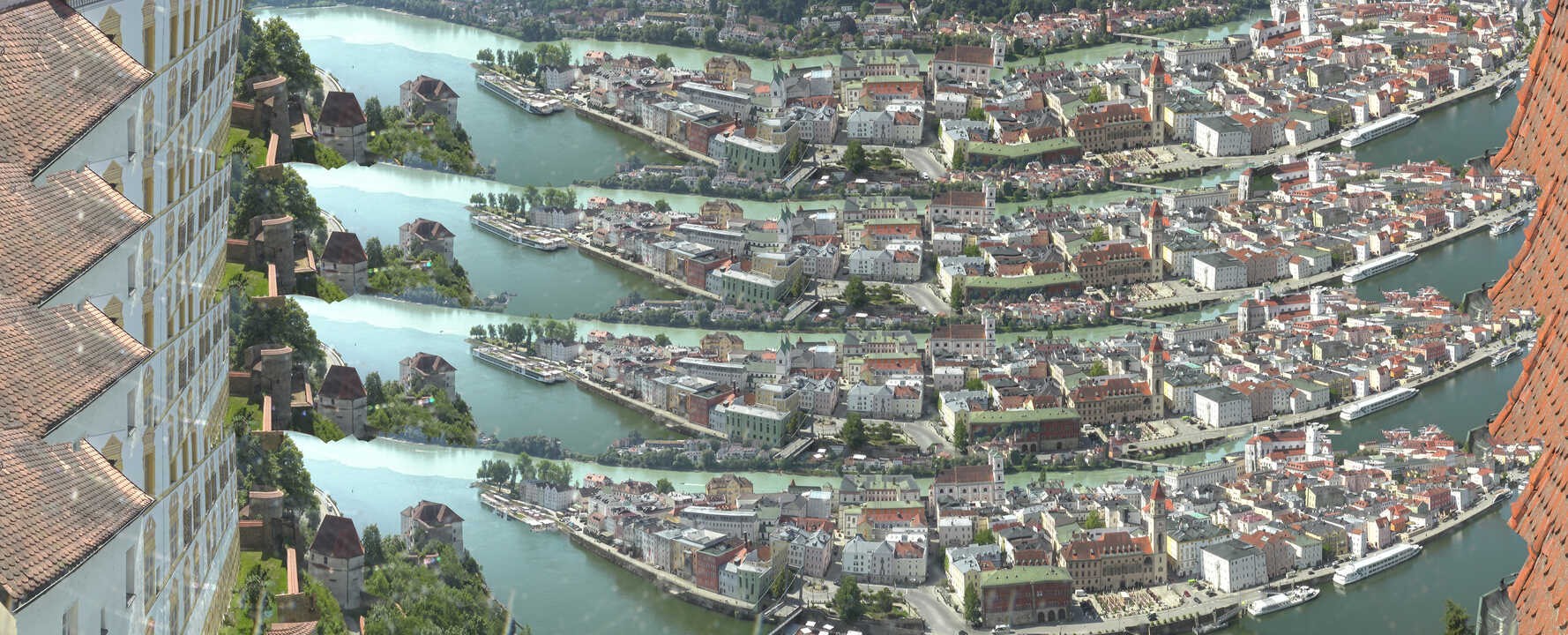 Archiv Foto Webcam Passau: Blick von der Veste Oberhaus auf Donau und Altstadt