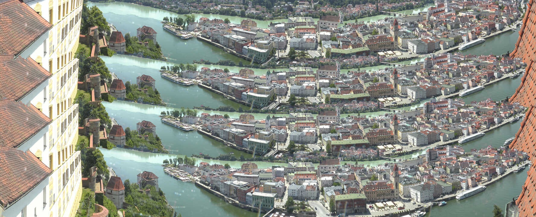 Archiv Foto Webcam Passau: Blick von der Veste Oberhaus auf Donau und Altstadt