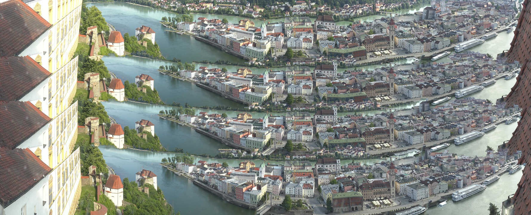 Archiv Foto Webcam Passau: Blick von der Veste Oberhaus auf Donau und Altstadt