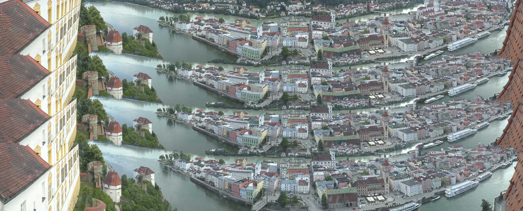 Archiv Foto Webcam Passau: Blick von der Veste Oberhaus auf Donau und Altstadt