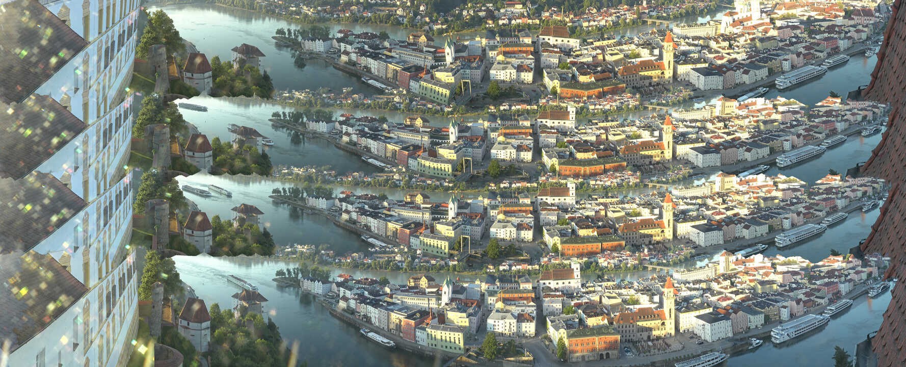 Archiv Foto Webcam Passau: Blick von der Veste Oberhaus auf Donau und Altstadt