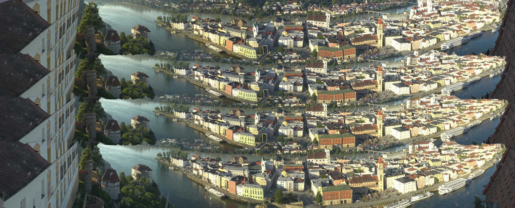 Archiv Foto Webcam Passau: Blick von der Veste Oberhaus auf Donau und Altstadt