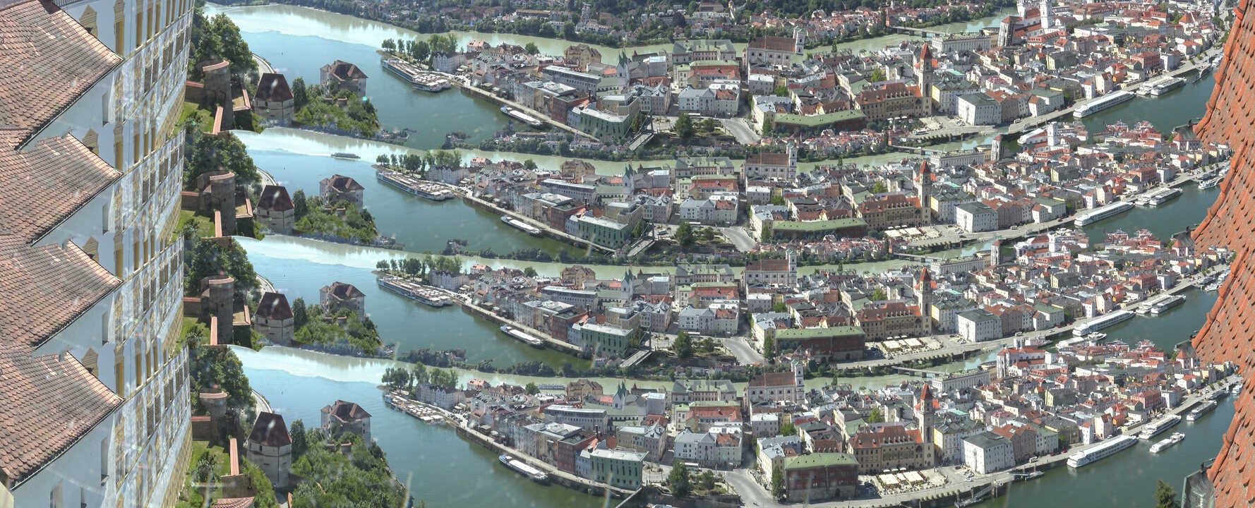 Archiv Foto Webcam Passau: Blick von der Veste Oberhaus auf Donau und Altstadt