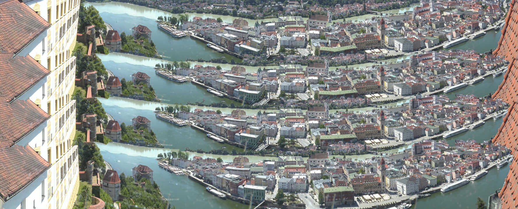 Archiv Foto Webcam Passau: Blick von der Veste Oberhaus auf Donau und Altstadt