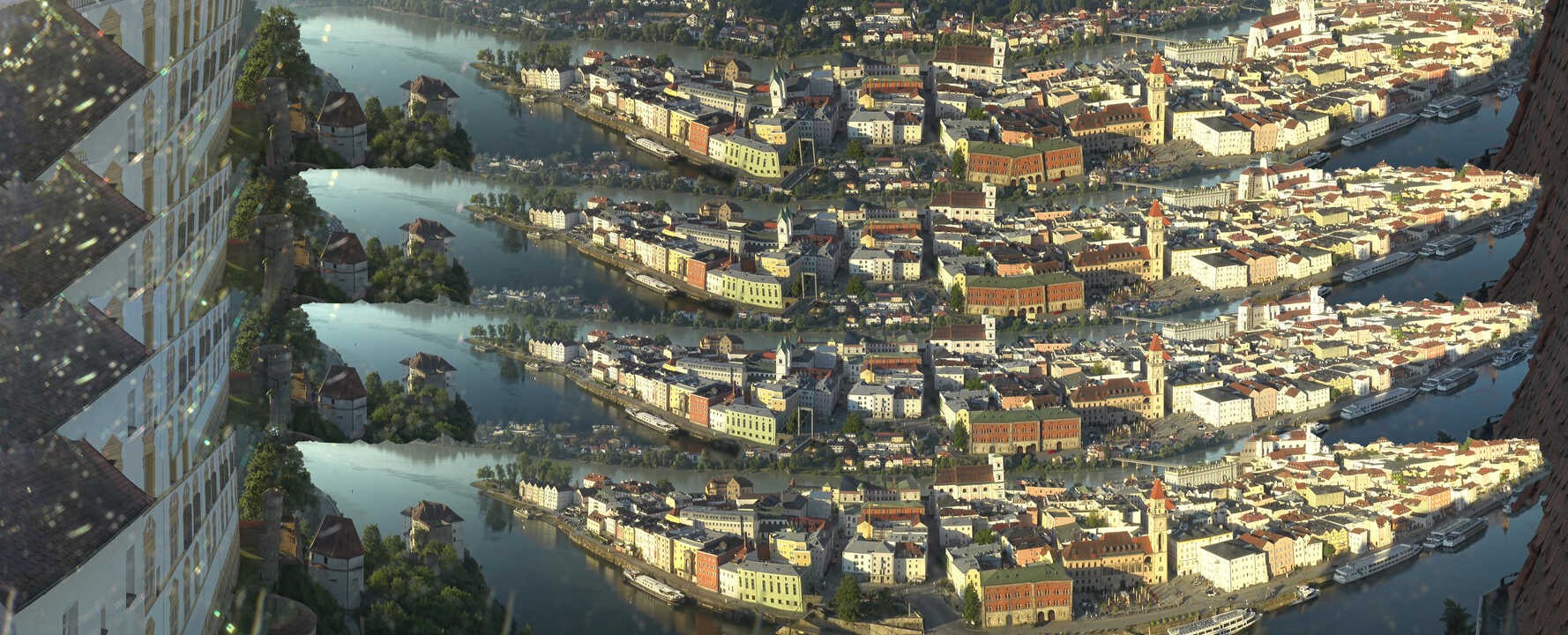Archiv Foto Webcam Passau: Blick von der Veste Oberhaus auf Donau und Altstadt