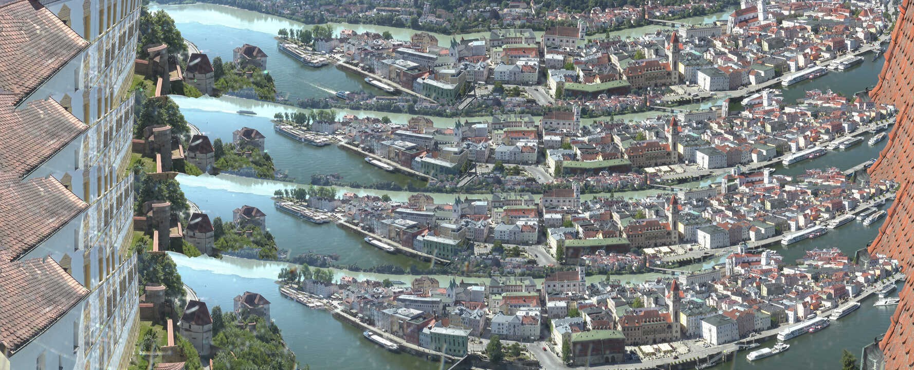 Archiv Foto Webcam Passau: Blick von der Veste Oberhaus auf Donau und Altstadt
