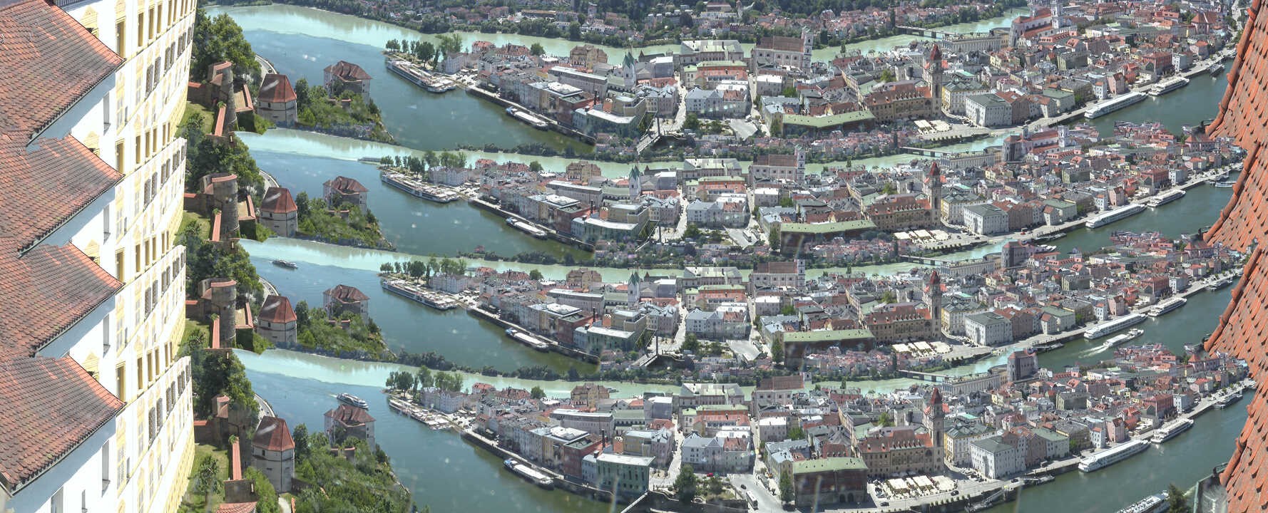 Archiv Foto Webcam Passau: Blick von der Veste Oberhaus auf Donau und Altstadt