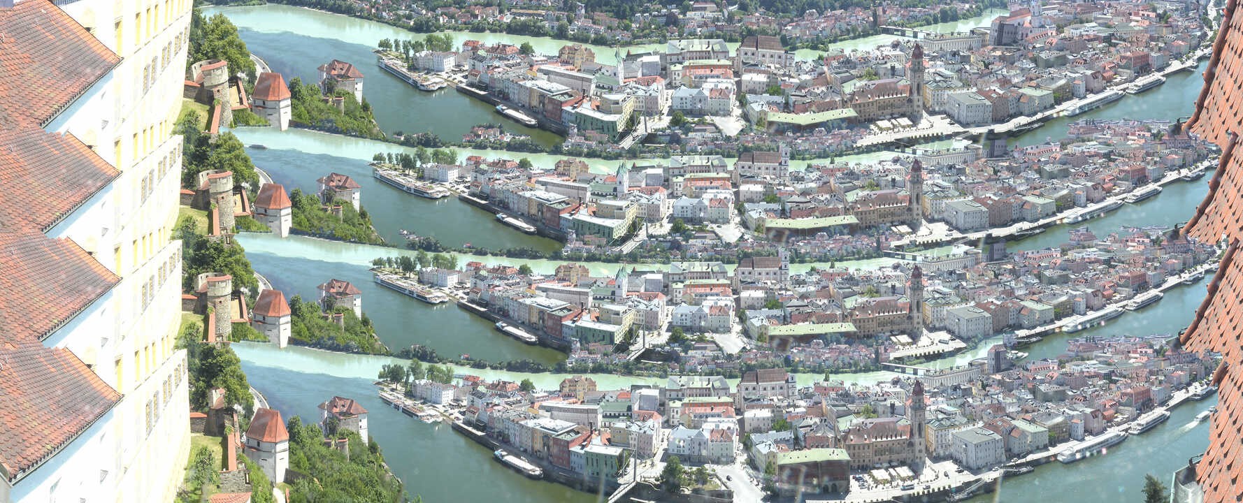 Archiv Foto Webcam Passau: Blick von der Veste Oberhaus auf Donau und Altstadt