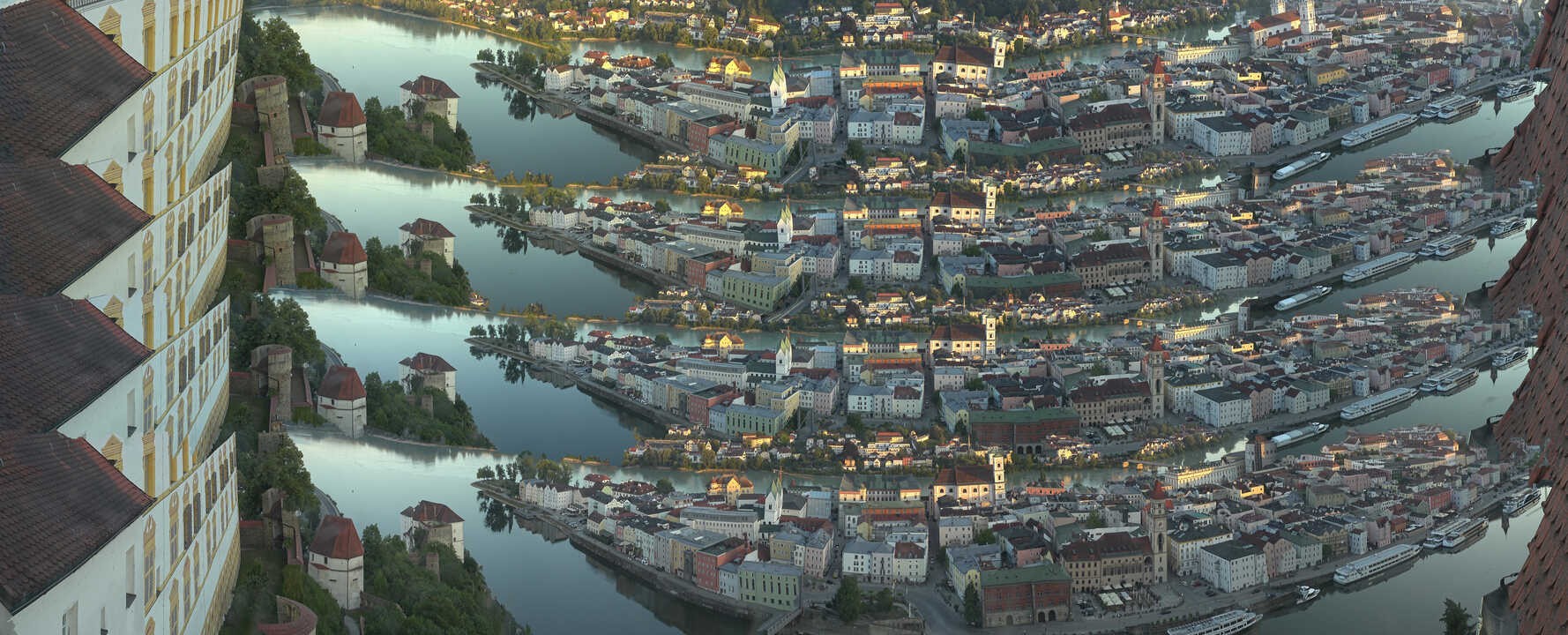 Archiv Foto Webcam Passau: Blick von der Veste Oberhaus auf Donau und Altstadt