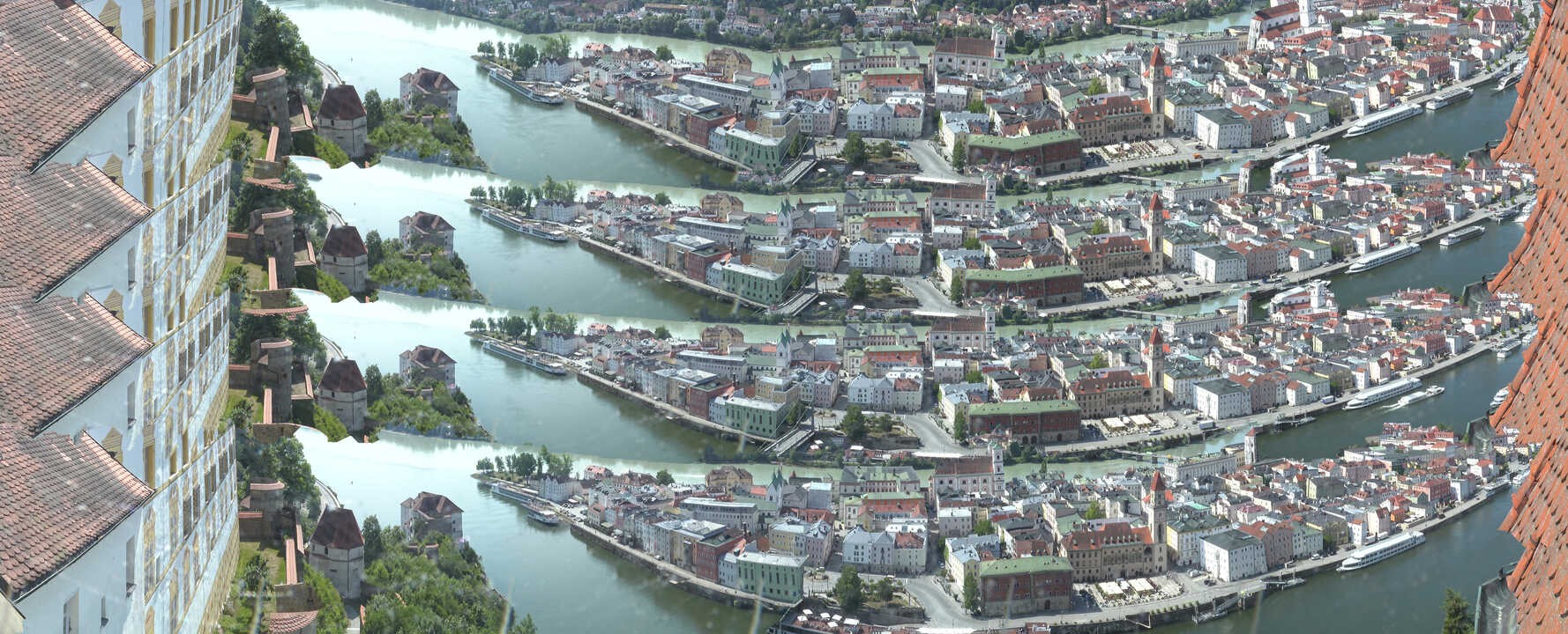 Archiv Foto Webcam Passau: Blick von der Veste Oberhaus auf Donau und Altstadt