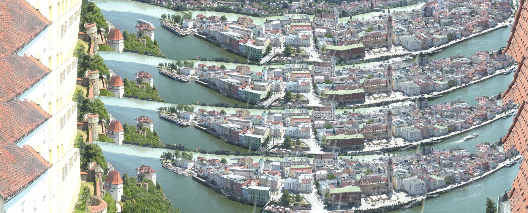 Archiv Foto Webcam Passau: Blick von der Veste Oberhaus auf Donau und Altstadt