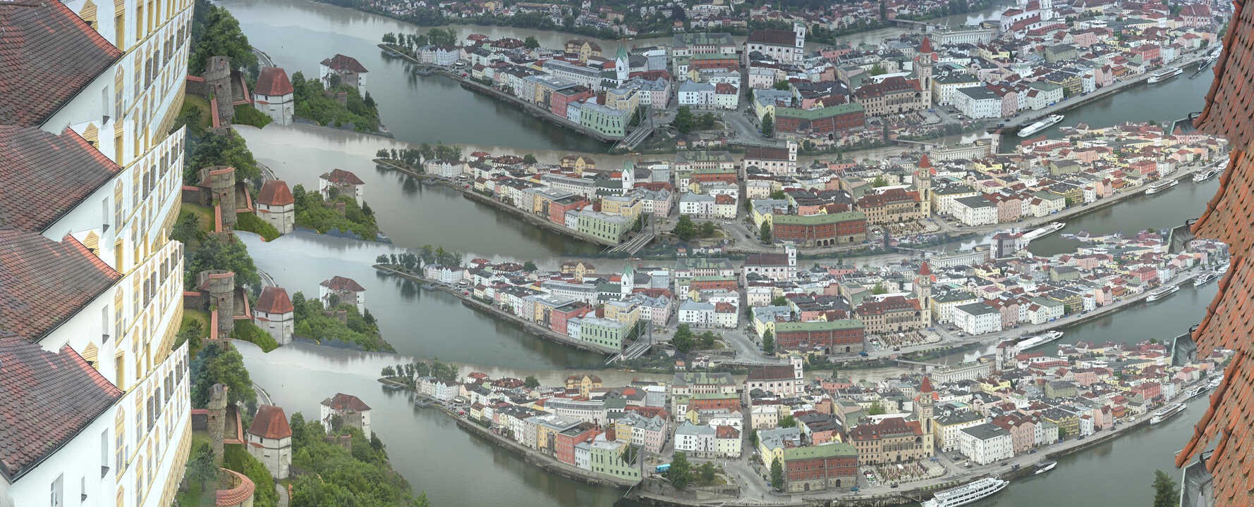 Archiv Foto Webcam Passau: Blick von der Veste Oberhaus auf Donau und Altstadt
