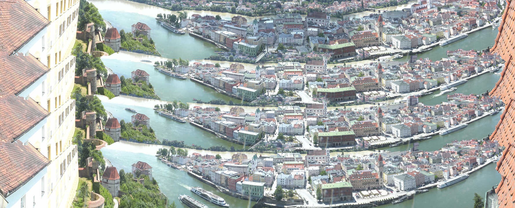Archiv Foto Webcam Passau: Blick von der Veste Oberhaus auf Donau und Altstadt
