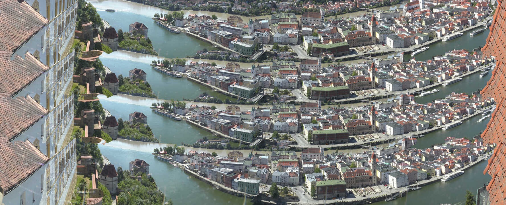 Archiv Foto Webcam Passau: Blick von der Veste Oberhaus auf Donau und Altstadt