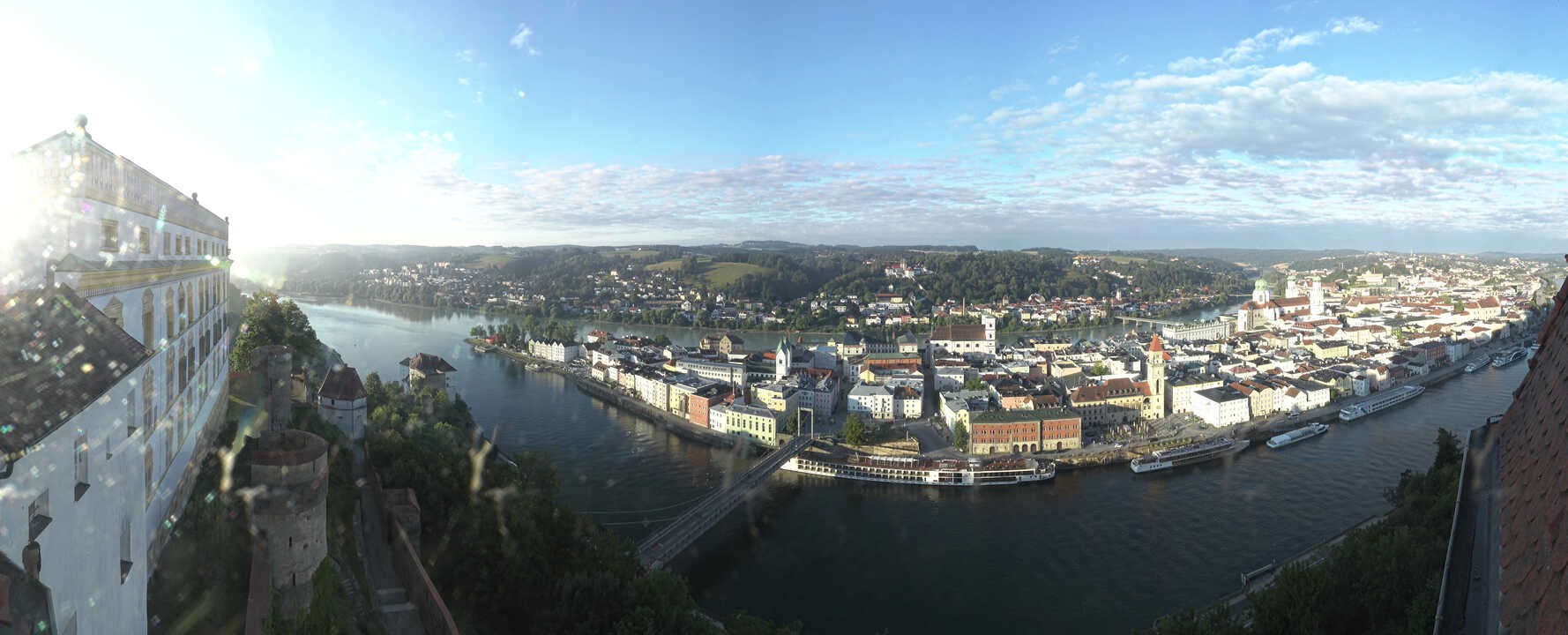 Archiv Foto Webcam Passau: Blick von der Veste Oberhaus auf Donau und Altstadt