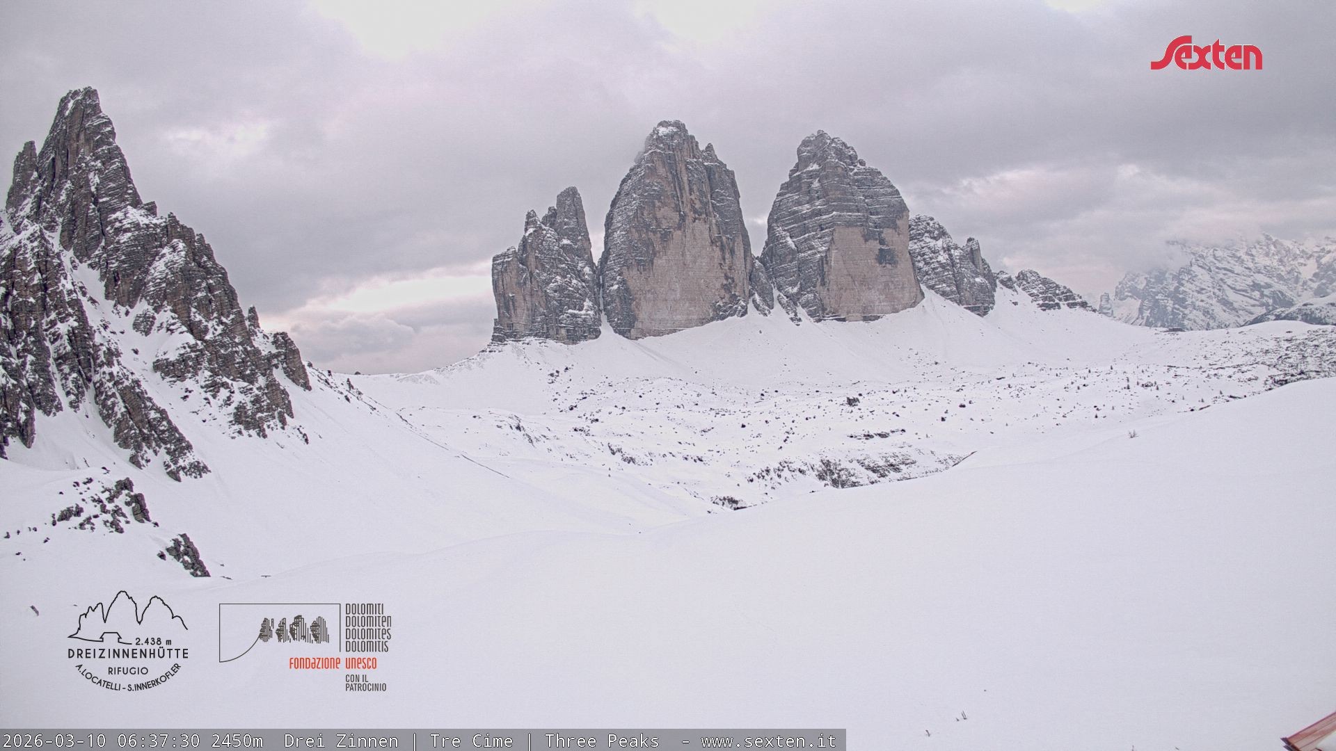 Archiv Foto Webcam Blick auf die 3 Zinnen von der Dreizinnenhütte