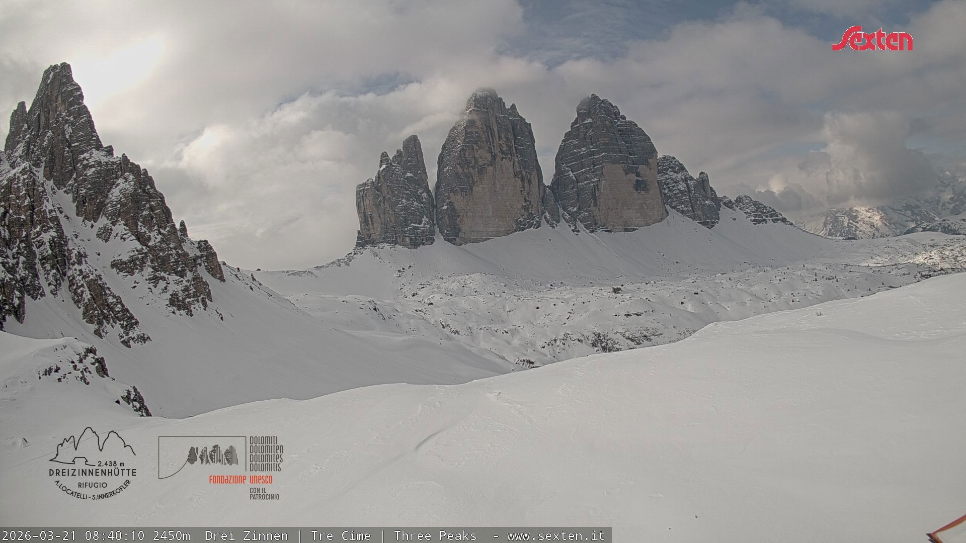 Archiv Foto Webcam Blick auf die 3 Zinnen von der Dreizinnenhütte