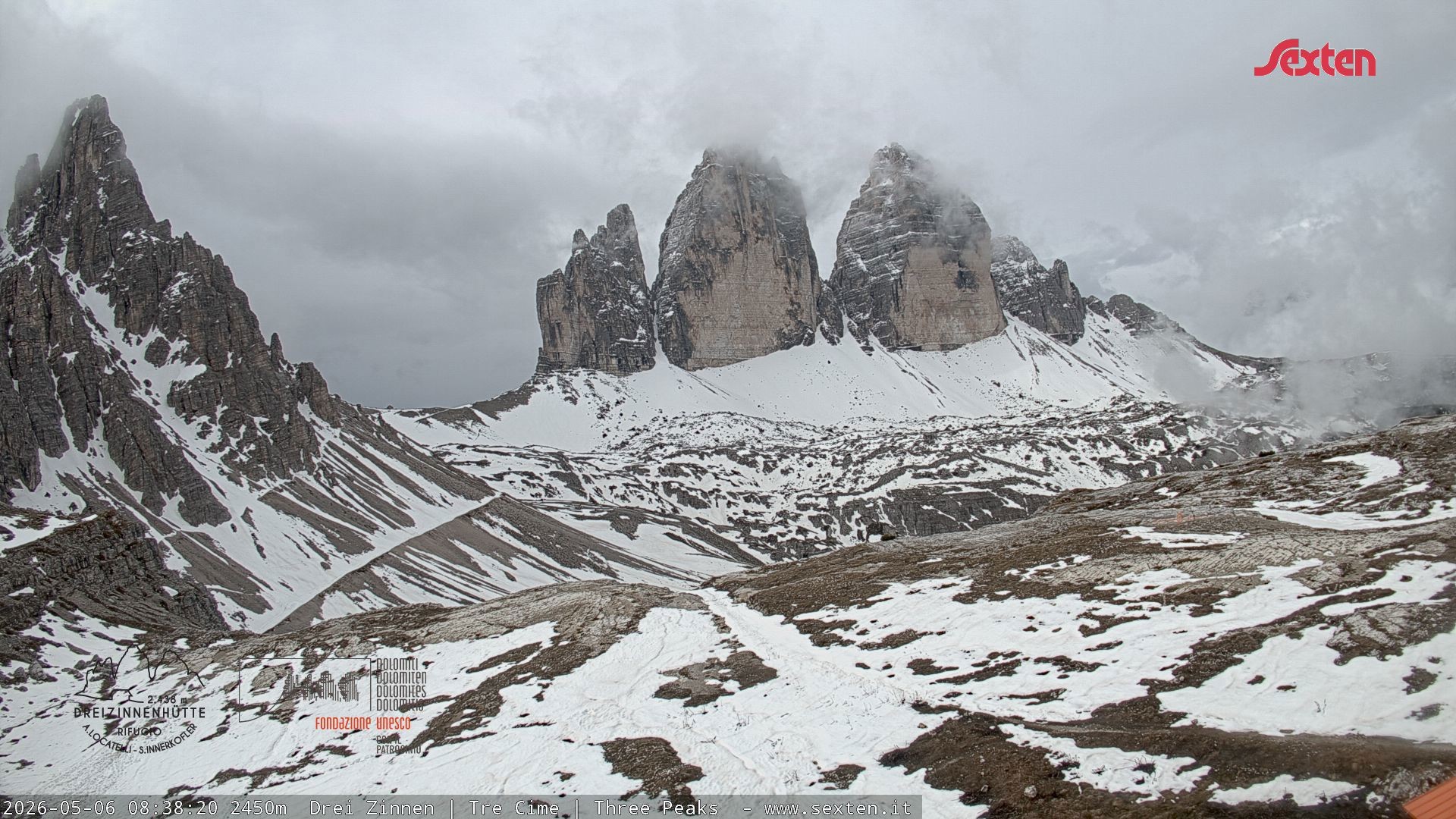 Archiv Foto Webcam Blick auf die 3 Zinnen von der Dreizinnenhütte