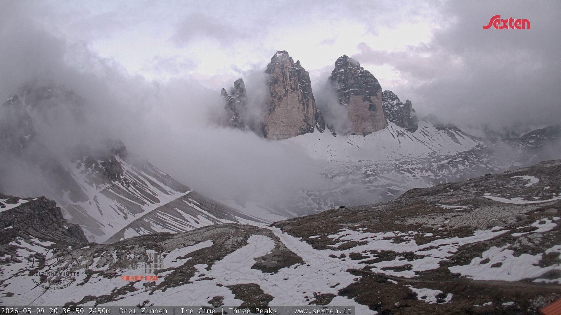 Archiv Foto Webcam Blick auf die 3 Zinnen von der Dreizinnenhütte