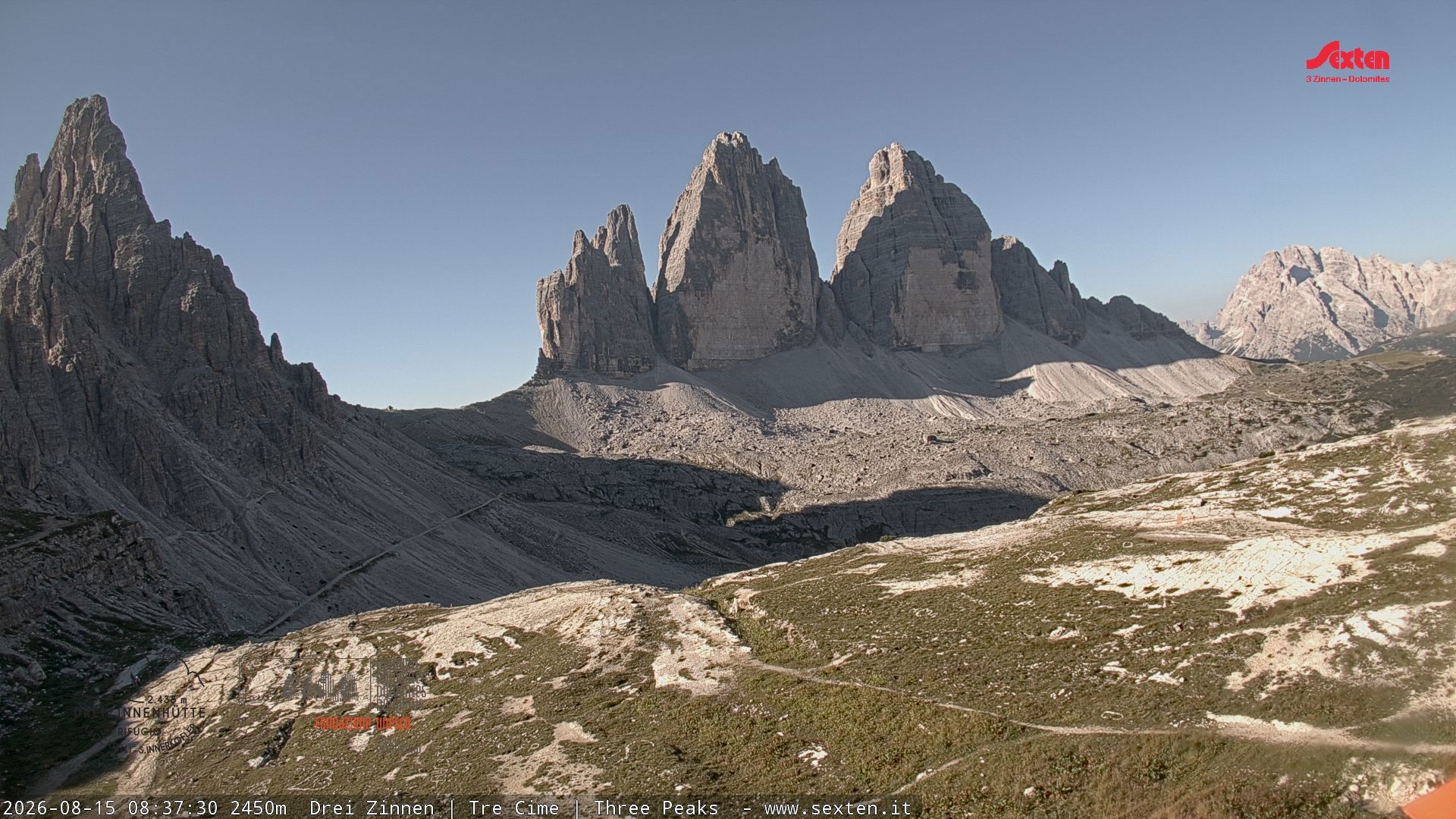 Archiv Foto Webcam Blick auf die 3 Zinnen von der Dreizinnenhütte