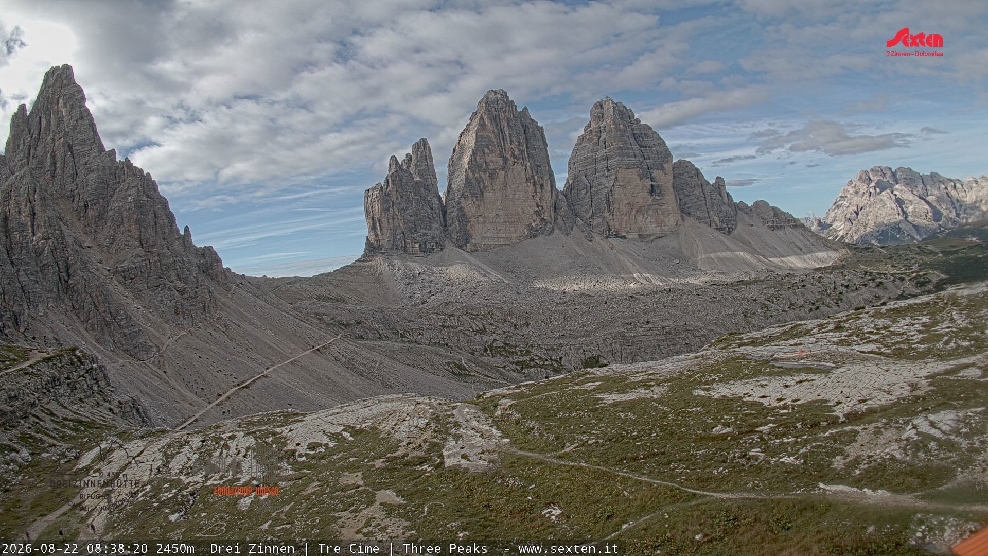Archiv Foto Webcam Blick auf die 3 Zinnen von der Dreizinnenhütte