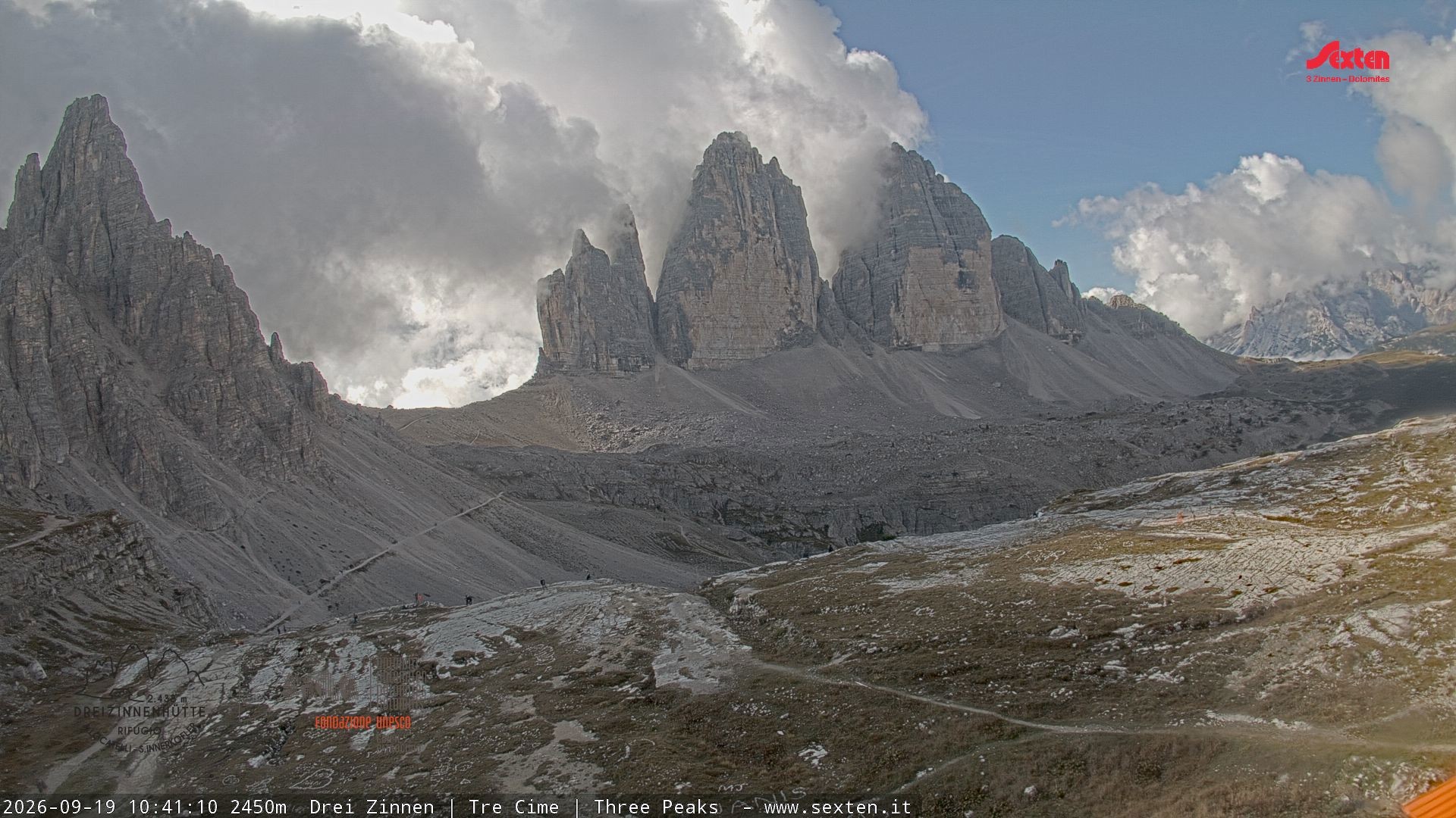 Archiv Foto Webcam Blick auf die 3 Zinnen von der Dreizinnenhütte