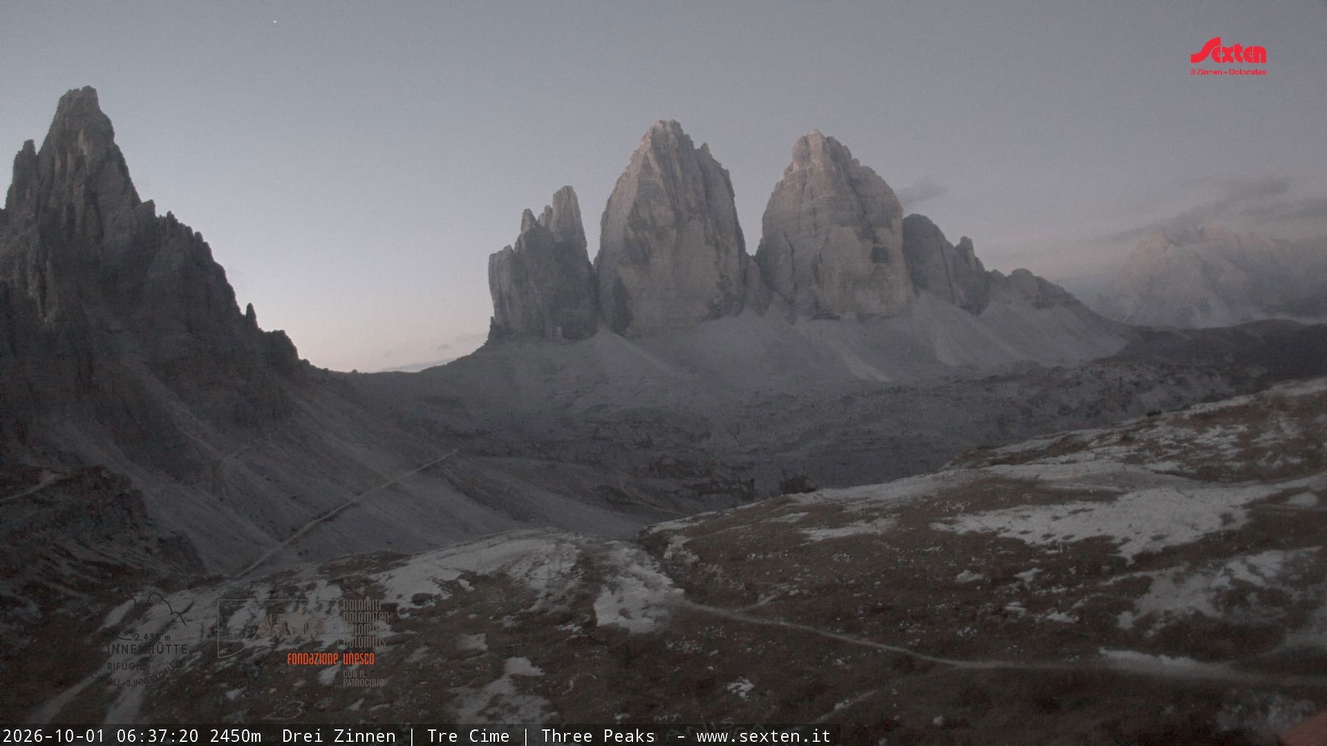 Archiv Foto Webcam Blick auf die 3 Zinnen von der Dreizinnenhütte
