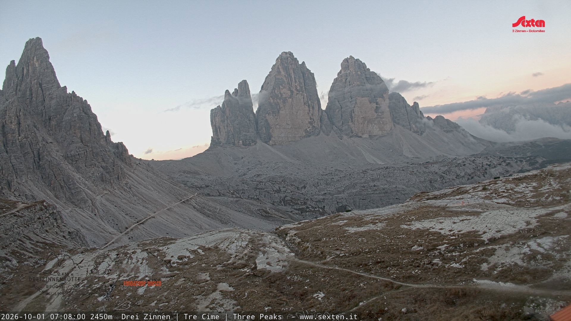 Archiv Foto Webcam Blick auf die 3 Zinnen von der Dreizinnenhütte