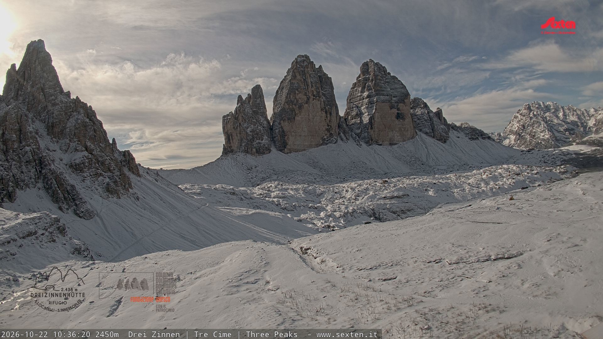 Archiv Foto Webcam Blick auf die 3 Zinnen von der Dreizinnenhütte