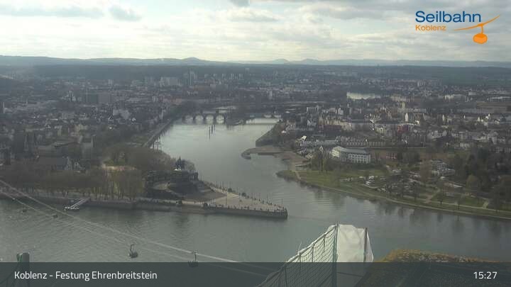 Archiv Foto Webcam Koblenz: Blick von der Festung auf Seilbahn und Deutsches Eck