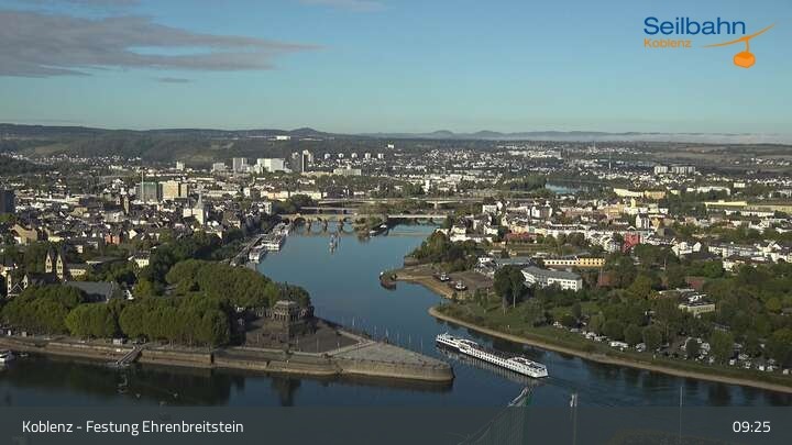 Archiv Foto Webcam Koblenz: Blick von der Festung auf Seilbahn und Deutsches Eck