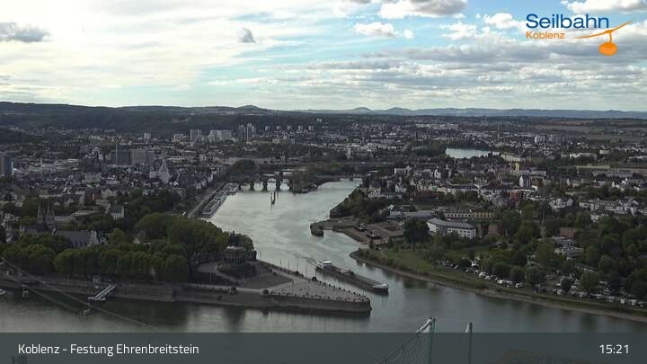 Archiv Foto Webcam Koblenz: Blick von der Festung auf Seilbahn und Deutsches Eck