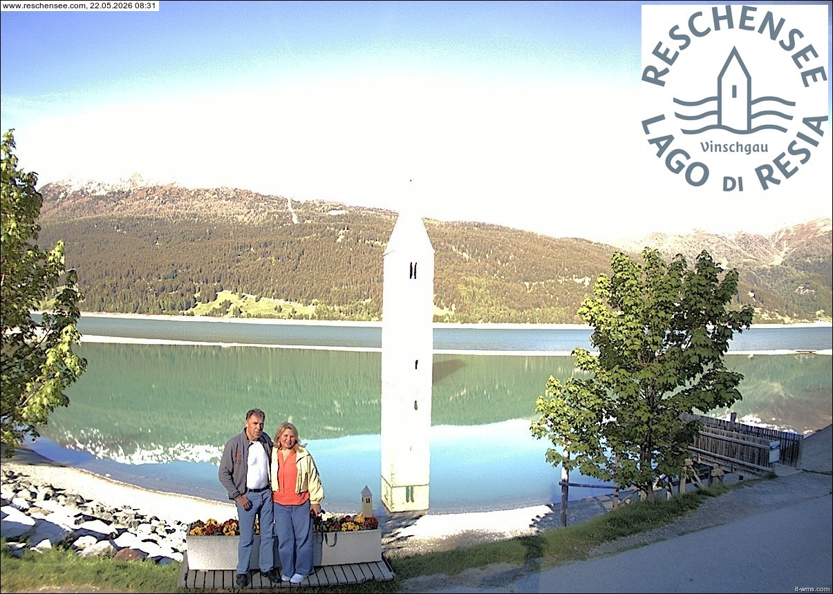 Archived image Webcam Lake Resia and the symbol of Venosta Valley